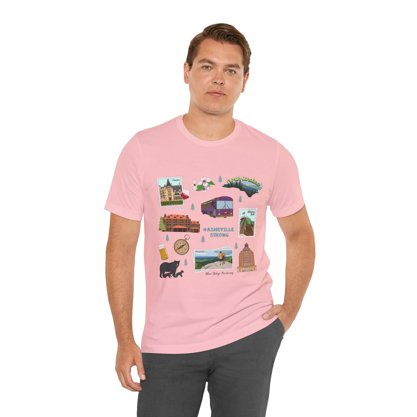Unisex Jersey Short Sleeve Tee with Asheville, North Carolina NC landmarks print