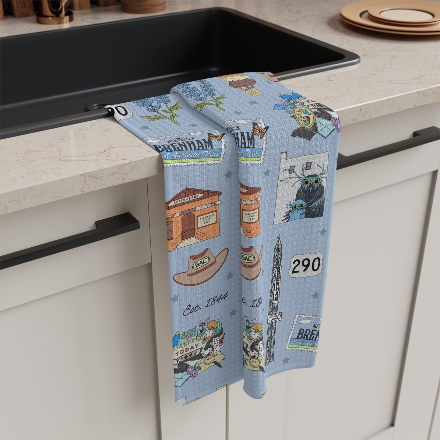 Kitchen Towel with Brenham, TX in blue