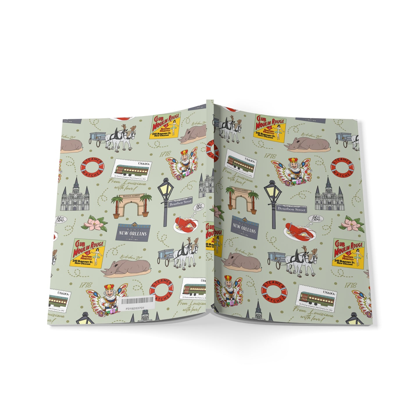 Paperback notebook with New Orleans, Louisiana LA landmarks in sage 150 lined pages