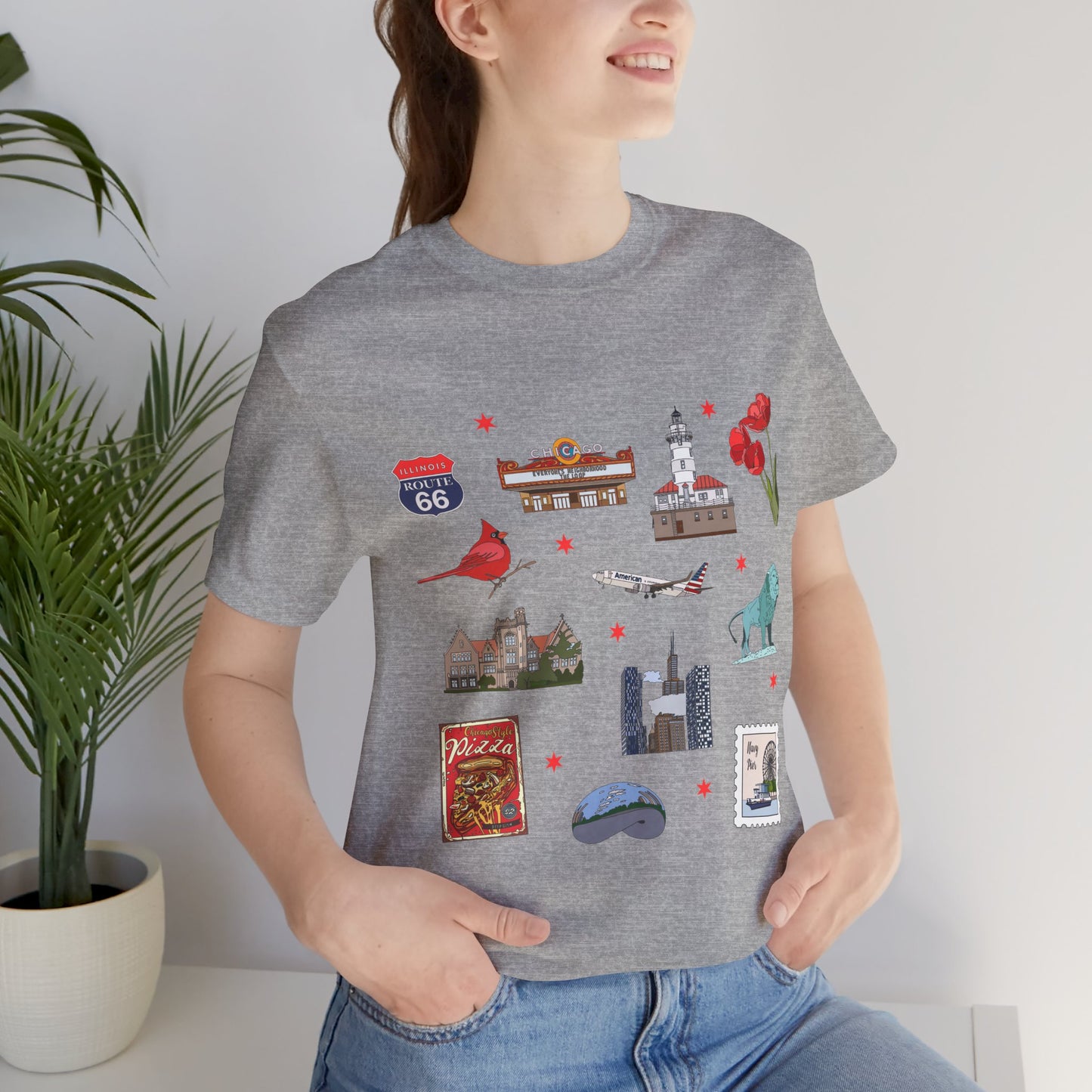 Unisex Jersey Short Sleeve Tee with Chicago, Illinois IL landmarks print