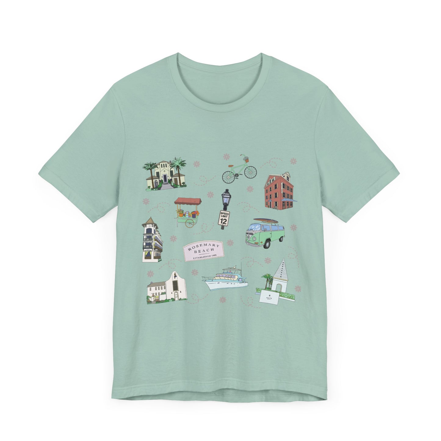 Unisex Jersey Short Sleeve Tee with Rosemary & Alys Beaches of 30A Florida FL landmarks print