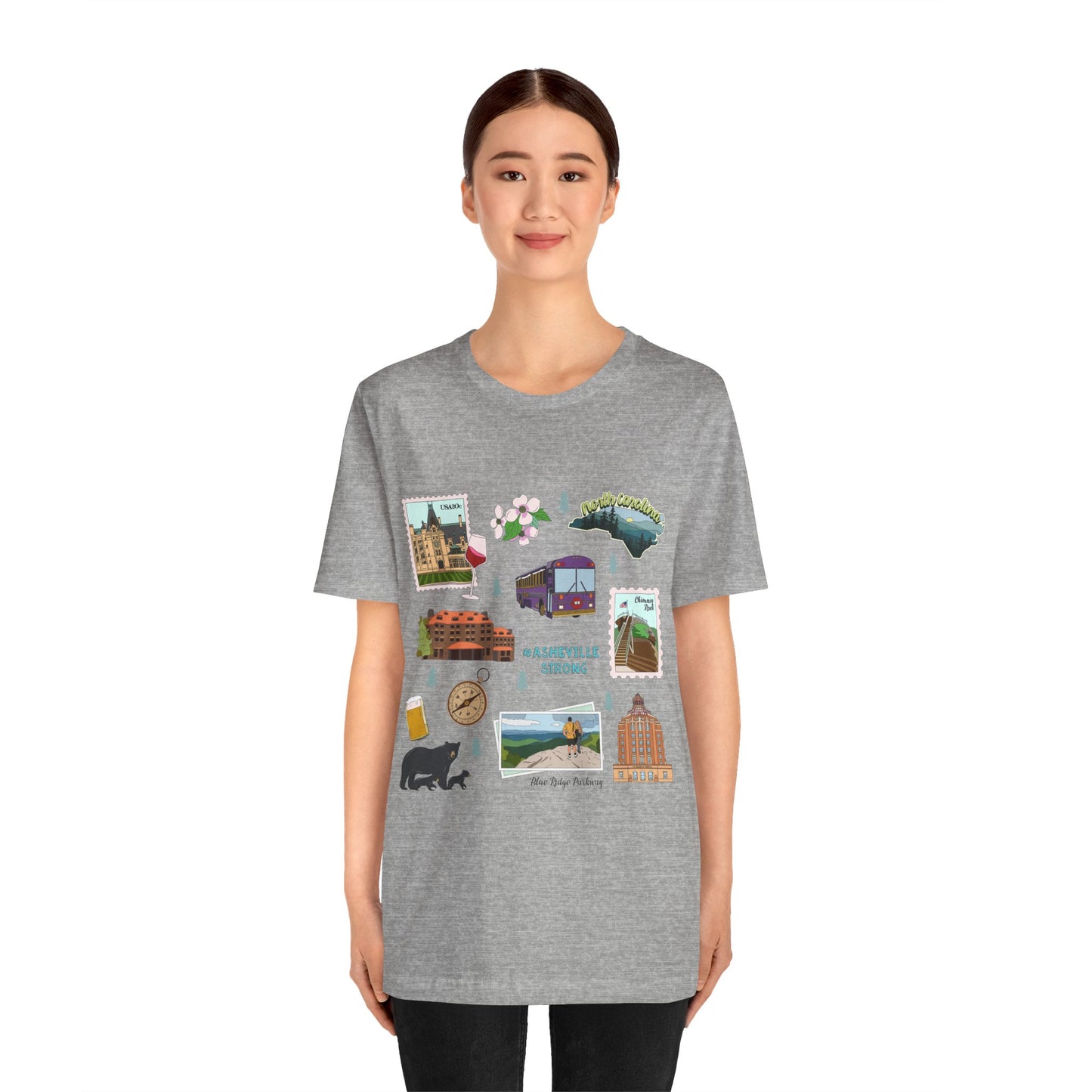 Unisex Jersey Short Sleeve Tee with Asheville, North Carolina NC landmarks print