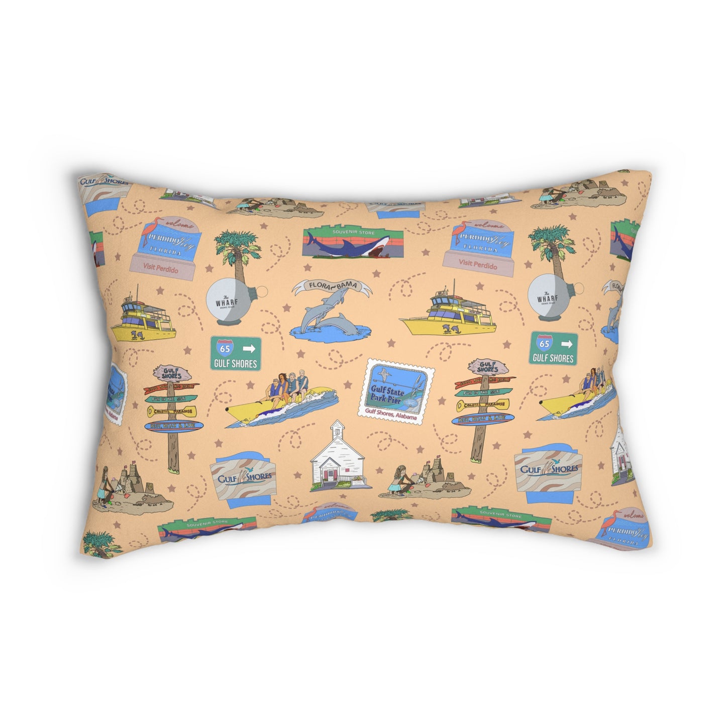 Lumbar rectangle pillow with Gulf Shores, Orange Beach of Alabama AL & Perdido Key of Florida FL in peach