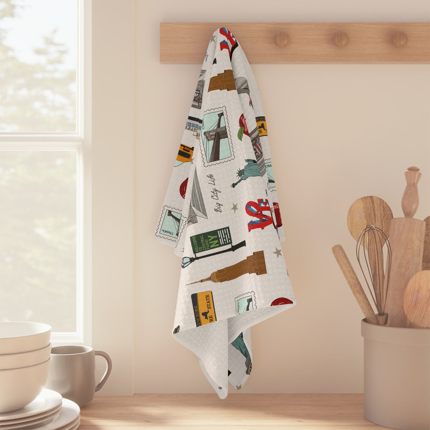Kitchen Towel with New York City, Manhattan, Brooklyn NY in white