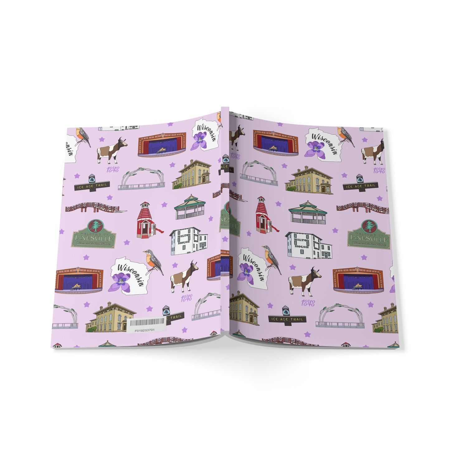 Paperback notebook with Janesville, Wisconsin WI landmarks in lilac 150 lined pages