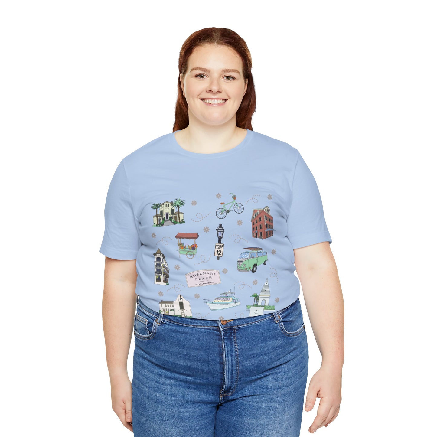 Unisex Jersey Short Sleeve Tee with Rosemary & Alys Beaches of 30A Florida FL landmarks print