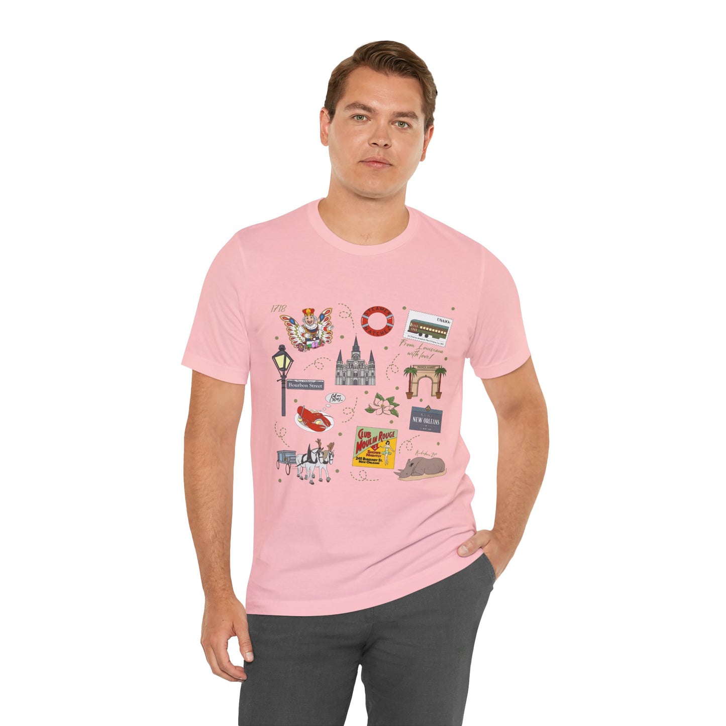 Unisex Jersey Short Sleeve Tee with New Orleans, Louisiana LA landmarks print