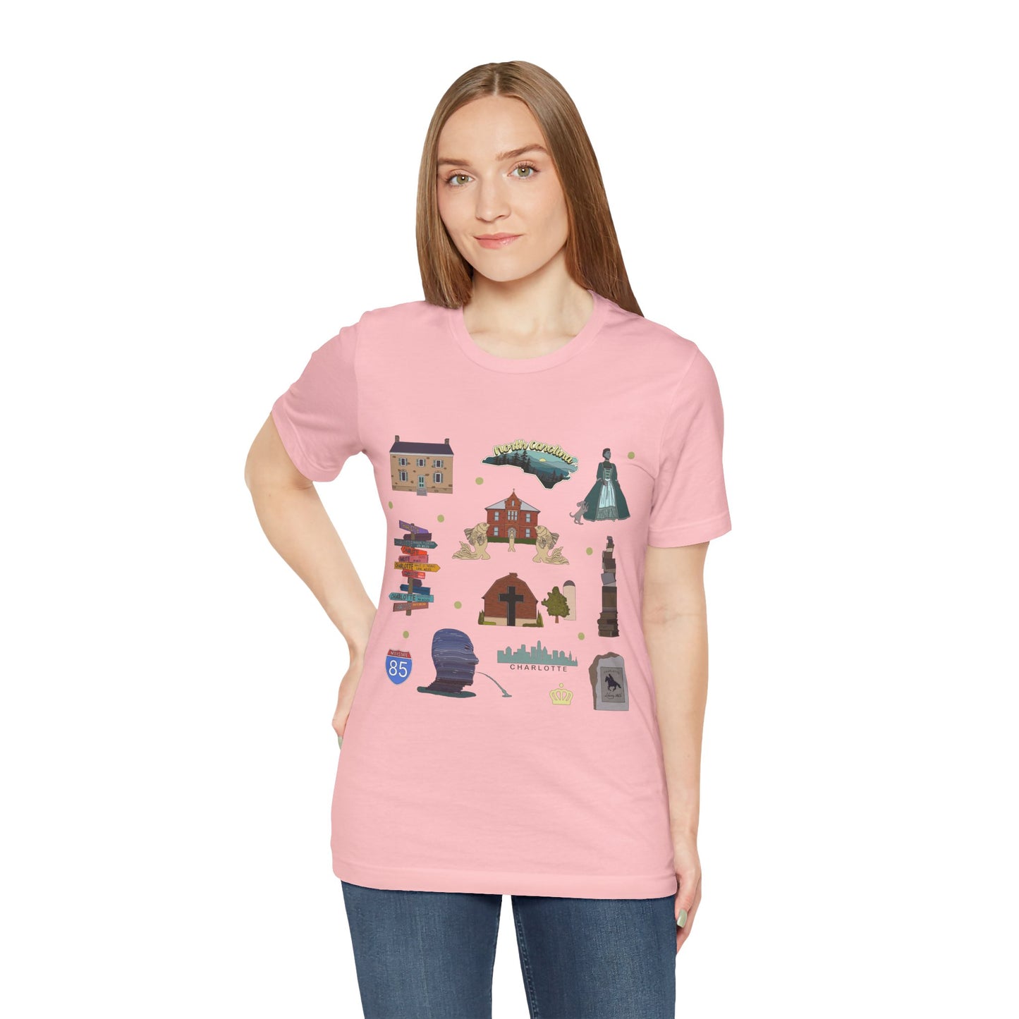 Unisex Jersey Short Sleeve Tee with Charlotte, North Carolina NC landmarks print