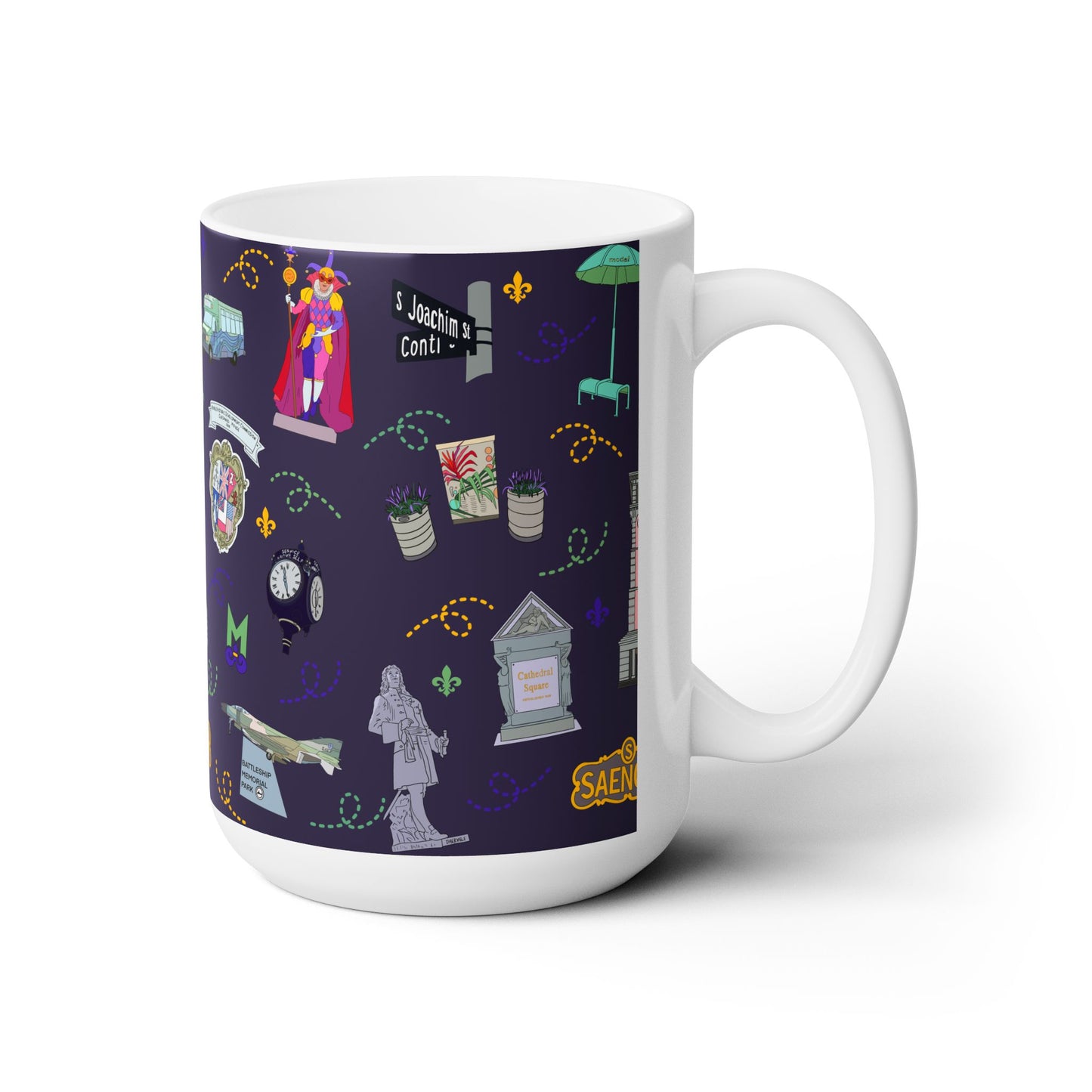 Ceramic Mug 15oz with Mobile, AL and Mardi Gras in navy