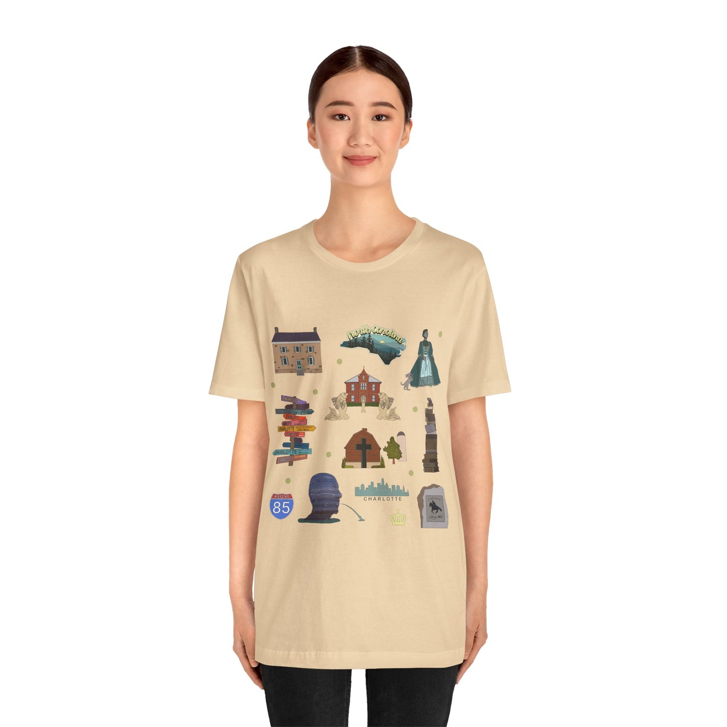 Unisex Jersey Short Sleeve Tee with Charlotte, North Carolina NC landmarks print