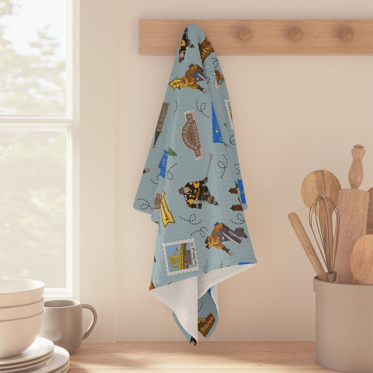 Kitchen Towel with Pittsburgh, Pennsylvania PA in dusty blue