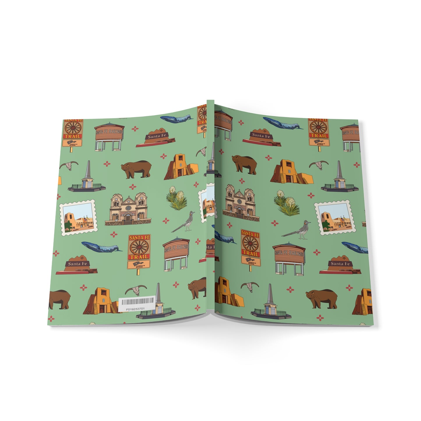 Paperback notebook with Santa Fe, New Mexico NM landmarks in green tea 150 lined pages
