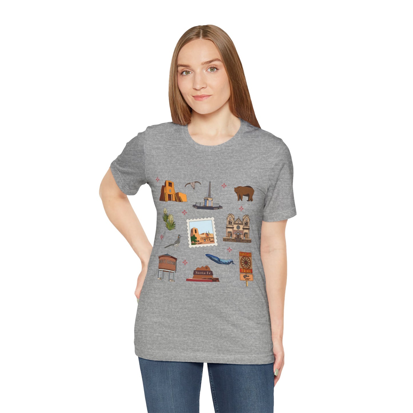 Unisex Jersey Short Sleeve Tee with Santa Fe, New Mexico NM landmarks print