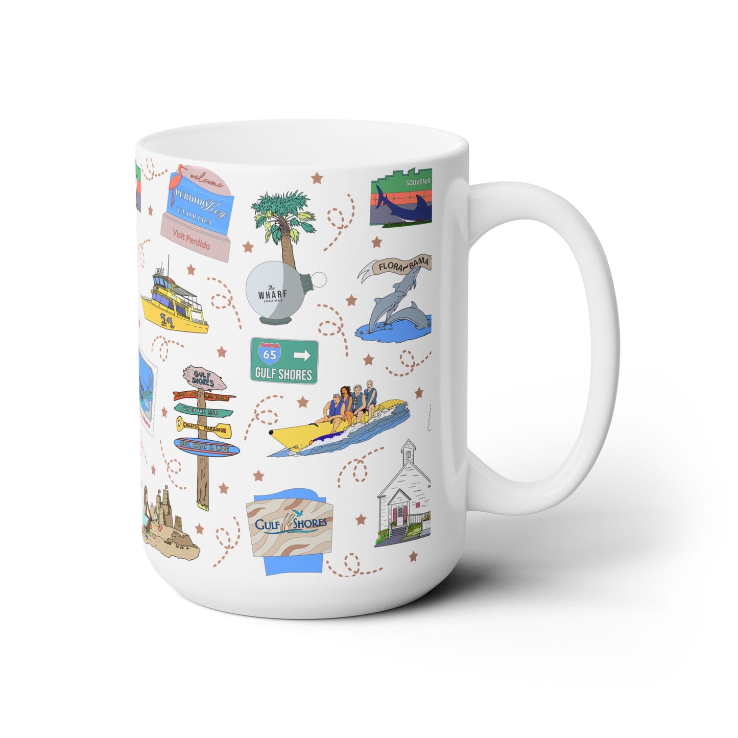 Ceramic Mug 15oz with Gulf Shores, Orange Beach of Alabama AL & Perdido Key of Florida FL in white