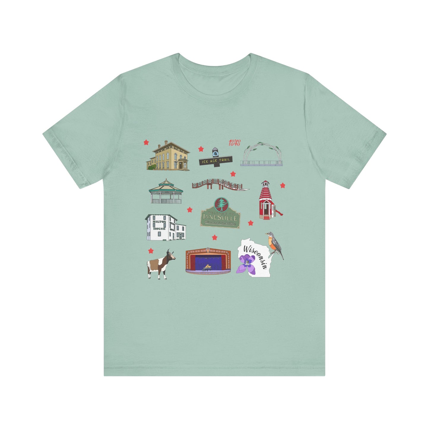 Unisex Jersey Short Sleeve Tee with Janesville, Wisconsin WI landmarks print
