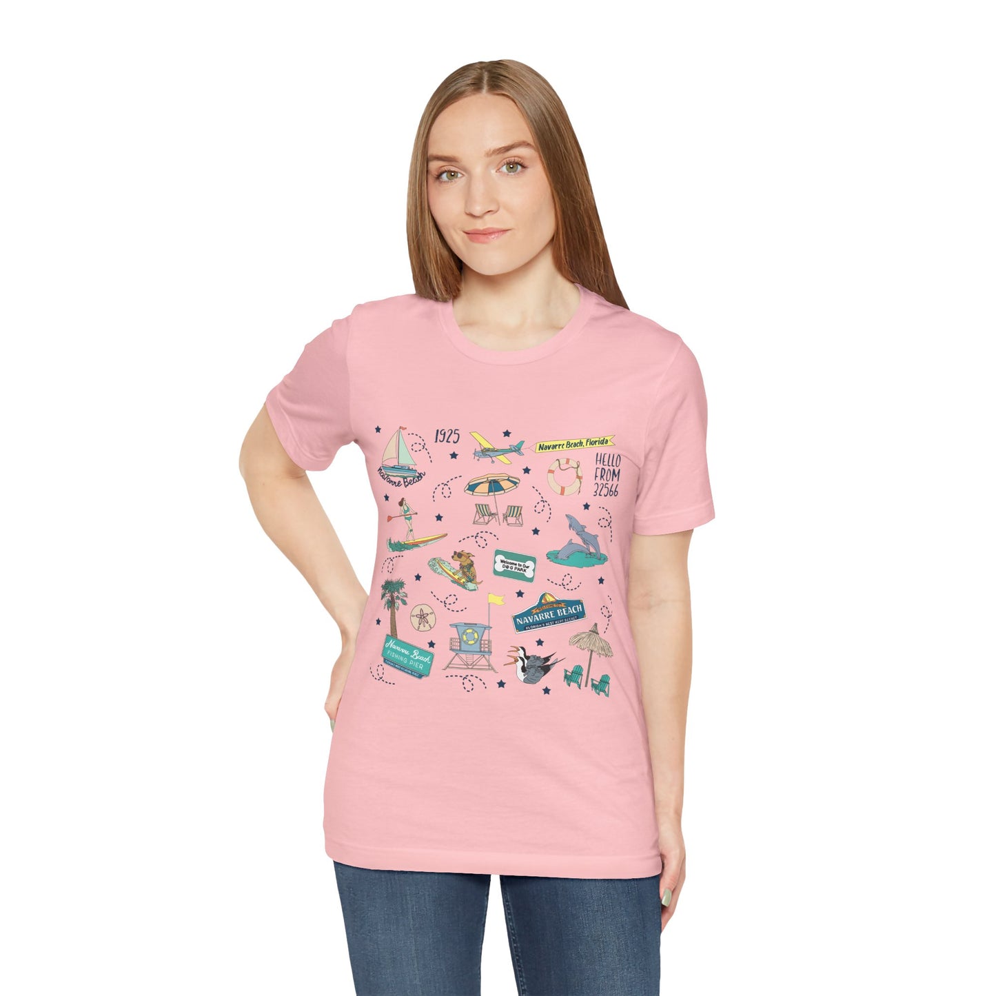 Unisex Jersey Short Sleeve Tee with Navarre Beach Florida FL landmarks print