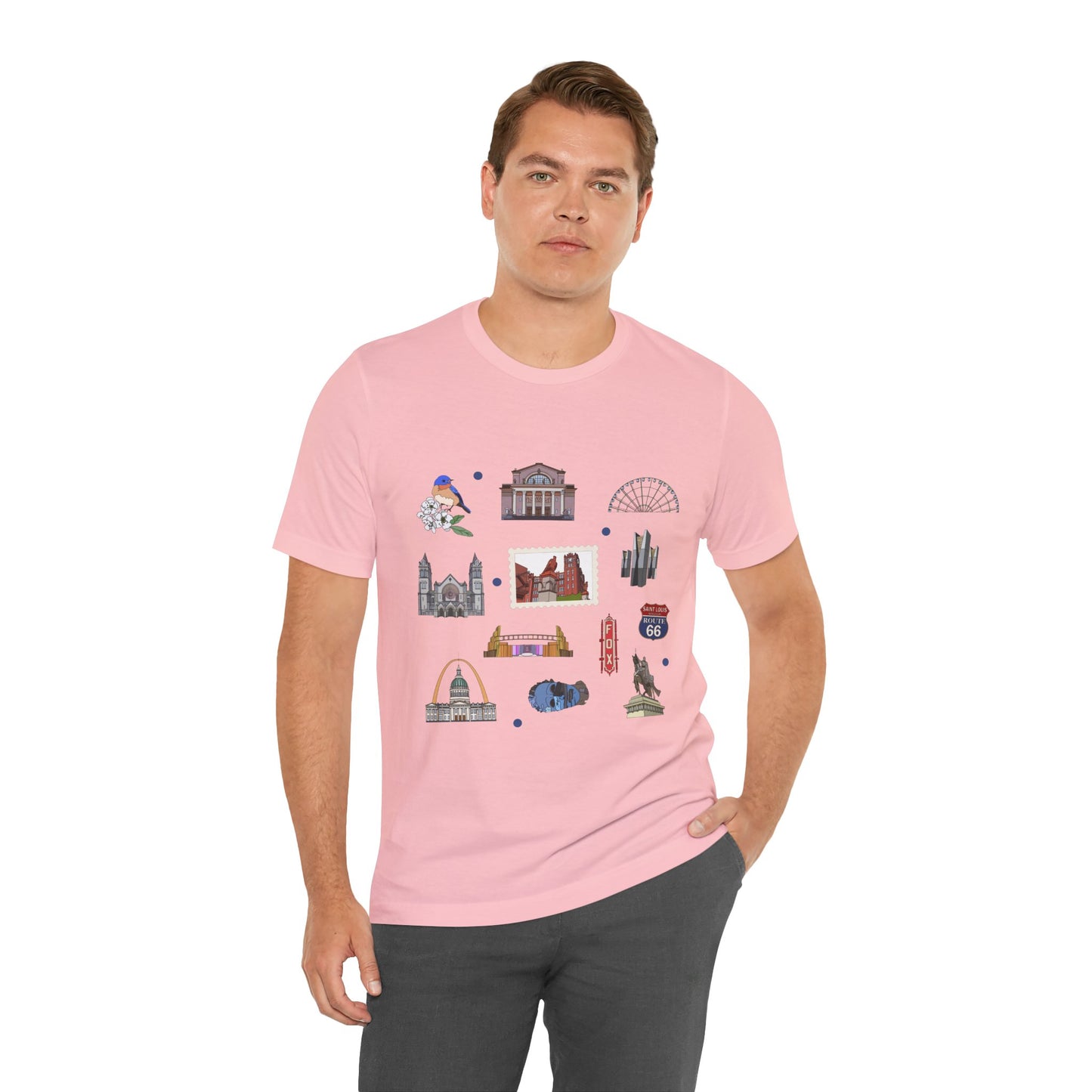 Unisex Jersey Short Sleeve Tee with St. Louis, Missouri MO landmarks print