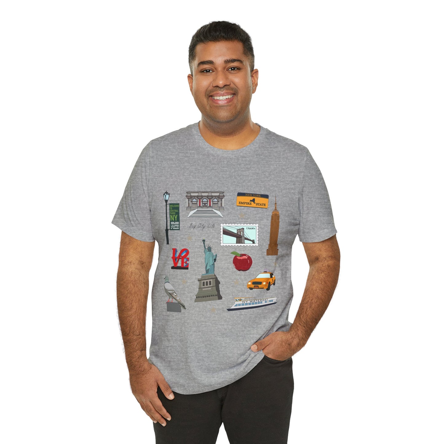 Unisex Jersey Short Sleeve Tee with New York City, Manhattan, Brooklyn NY landmarks print