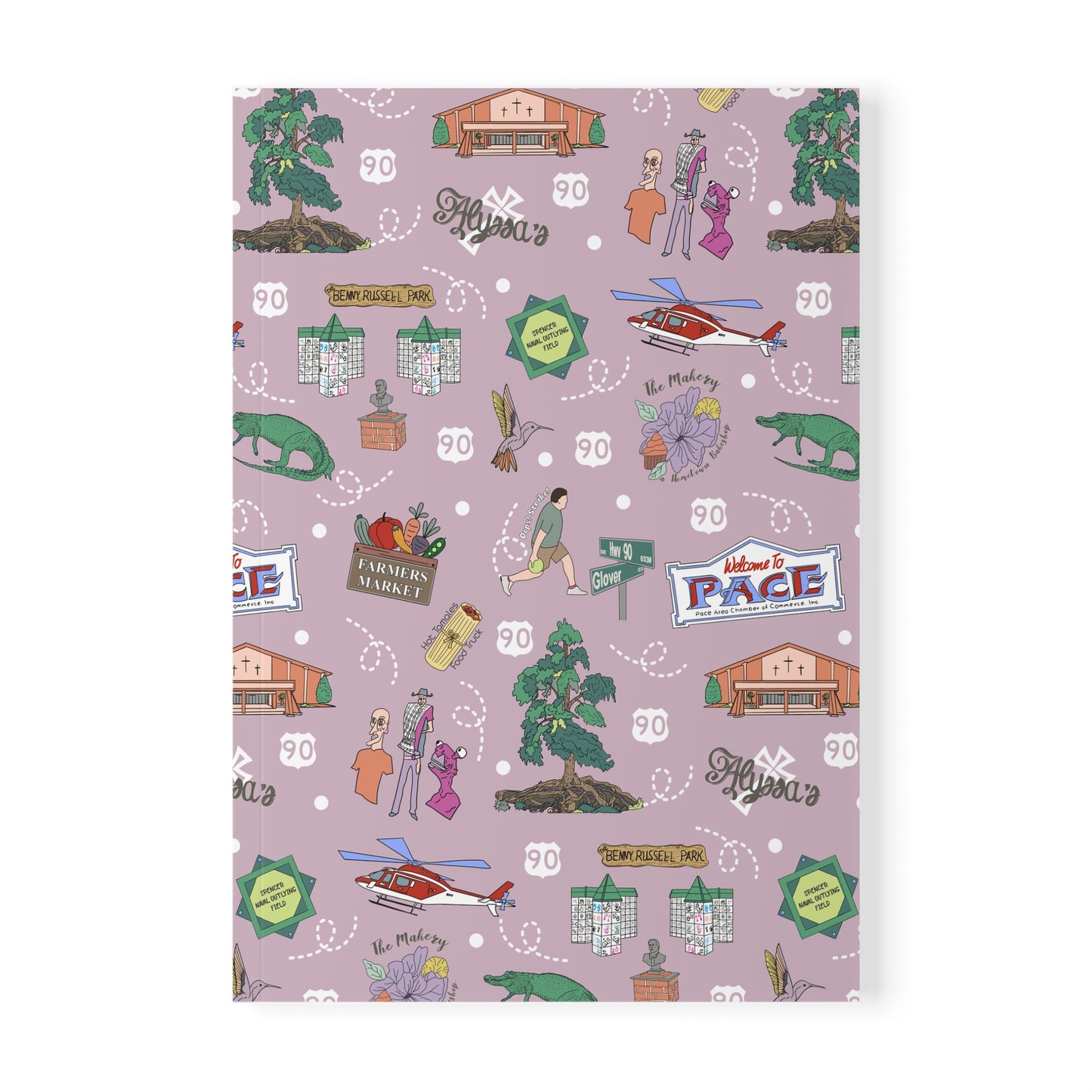 Paperback notebook with Pace, Florida FL landmarks in lavender 150 lined pages