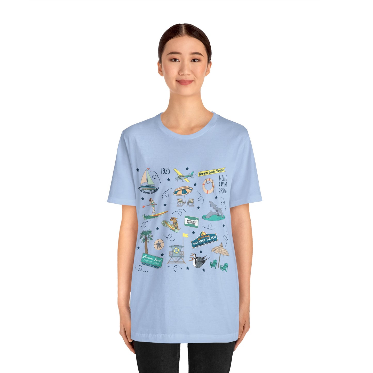 Unisex Jersey Short Sleeve Tee with Navarre Beach Florida FL landmarks print
