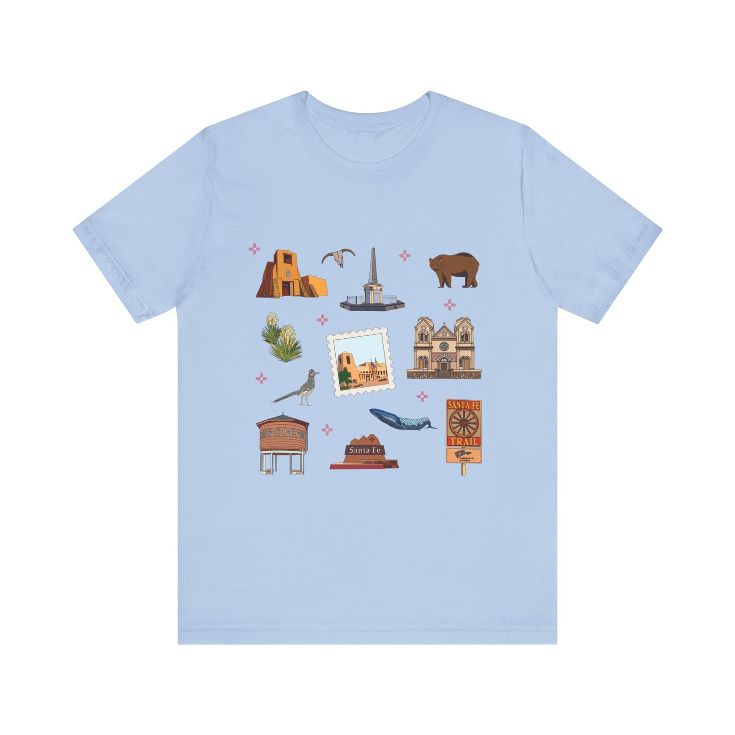 Unisex Jersey Short Sleeve Tee with Santa Fe, New Mexico NM landmarks print
