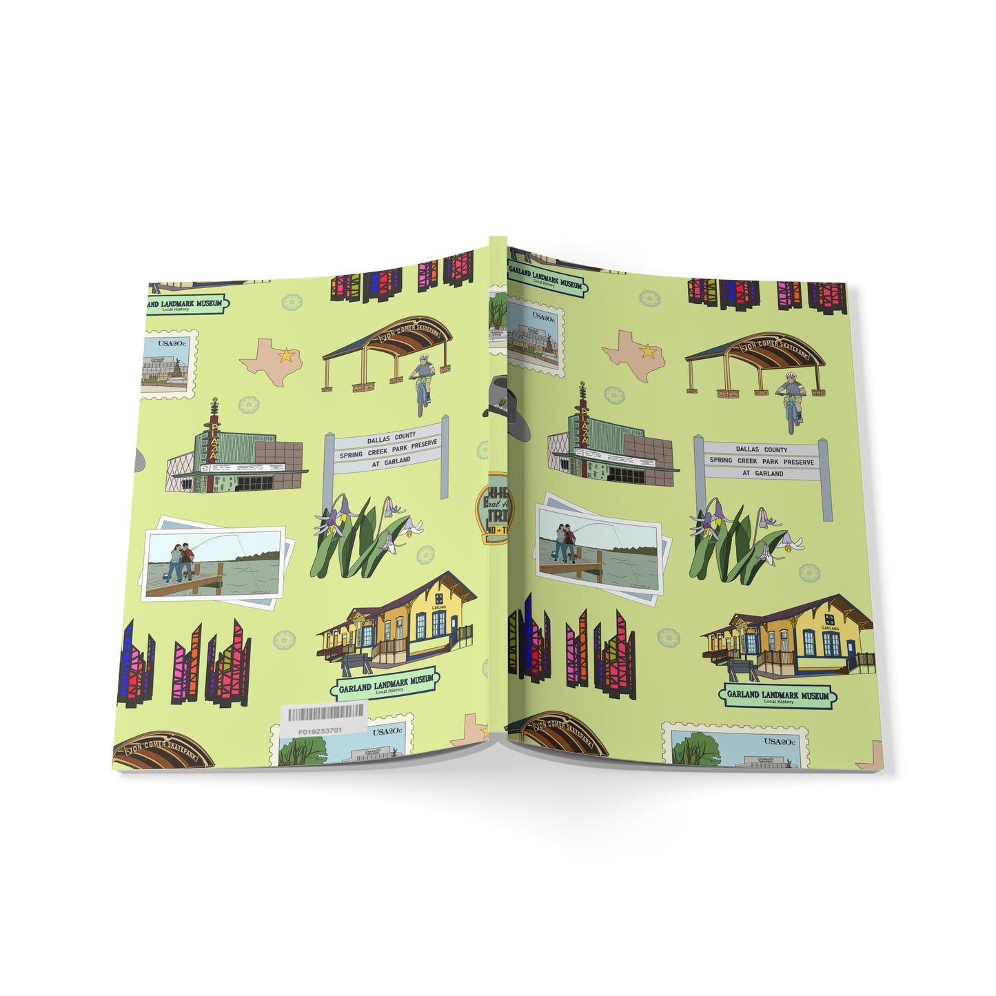 Paperback notebook with Garland, Texas TX landmarks in avocado 150 lined pages