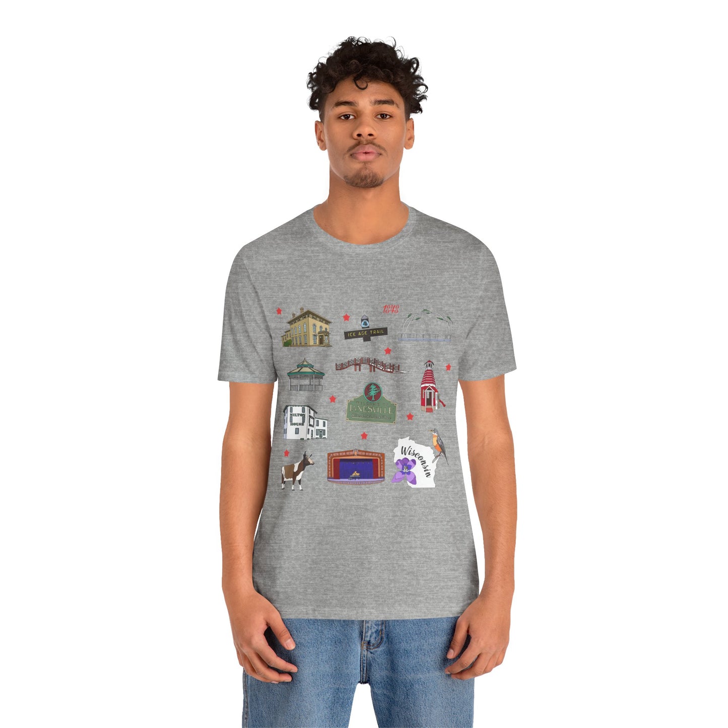 Unisex Jersey Short Sleeve Tee with Janesville, Wisconsin WI landmarks print