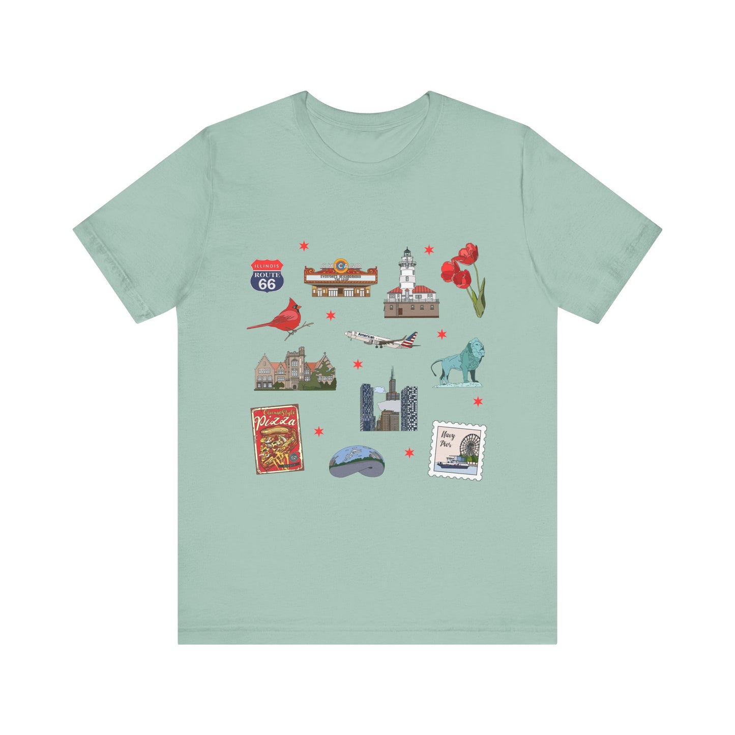 Unisex Jersey Short Sleeve Tee with Chicago, Illinois IL landmarks print
