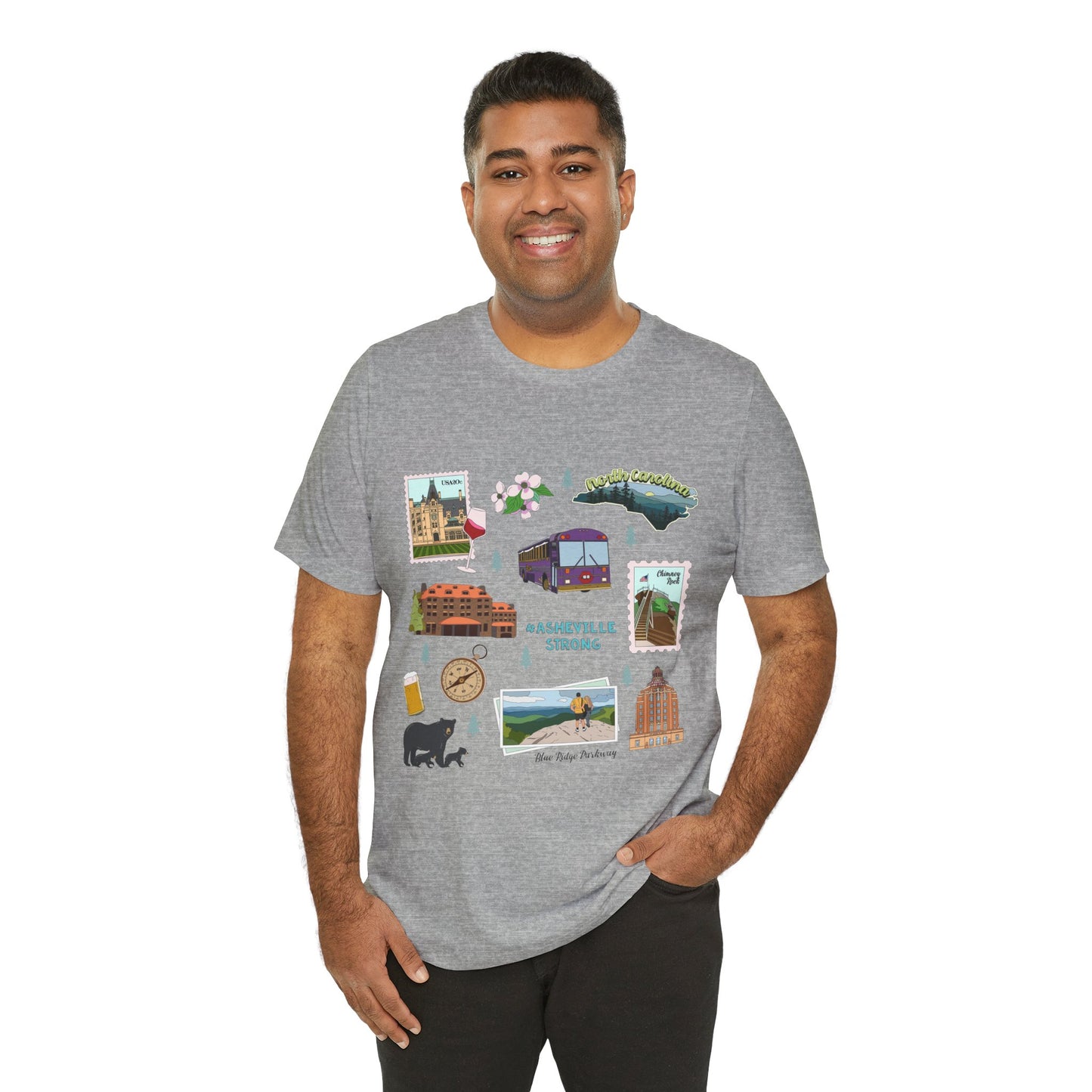 Unisex Jersey Short Sleeve Tee with Asheville, North Carolina NC landmarks print