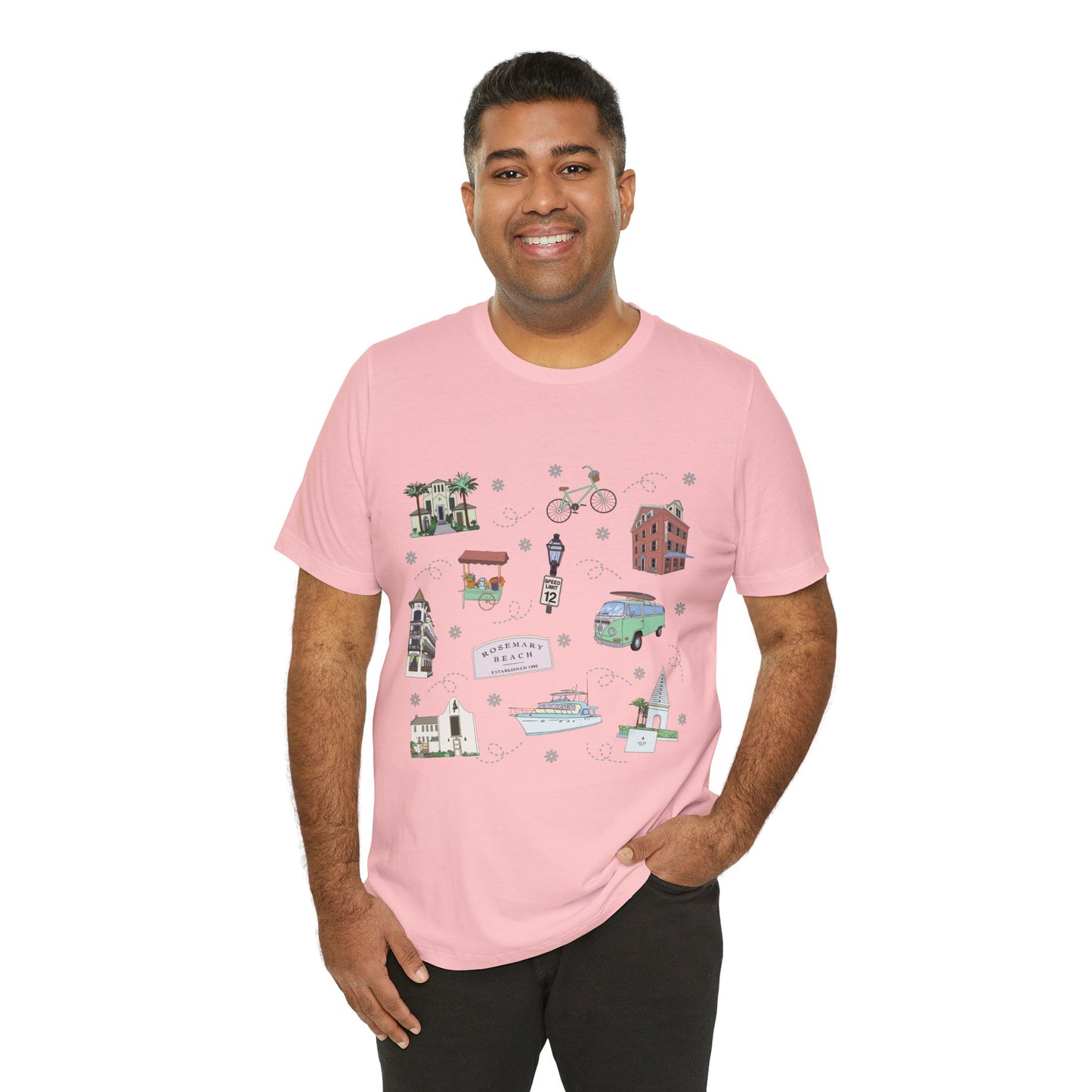 Unisex Jersey Short Sleeve Tee with Rosemary & Alys Beaches of 30A Florida FL landmarks print