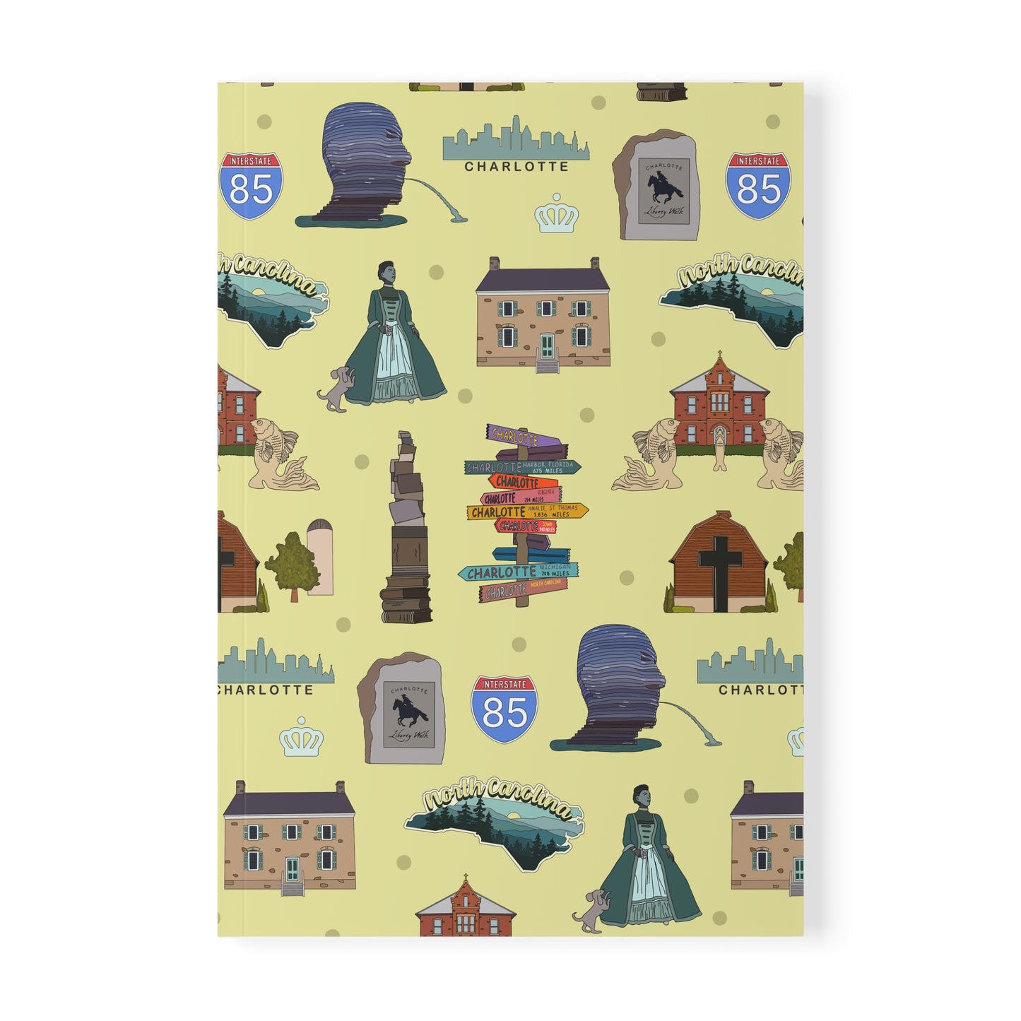Paperback notebook with Charlotte, North Carolina NC landmarks in brass 150 lined pages