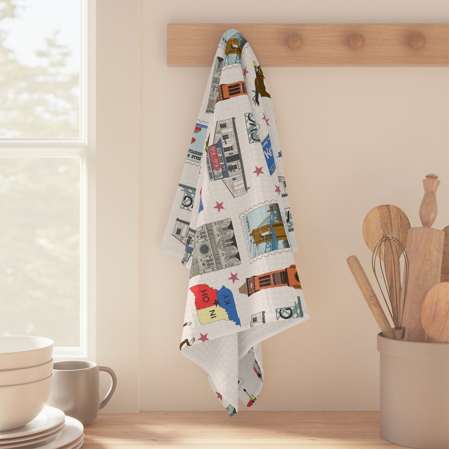 Kitchen Towel with Florence, Covington & Burlington of Northern Kentucky KY, Indiana IN, Cincinnati Ohio OH in white