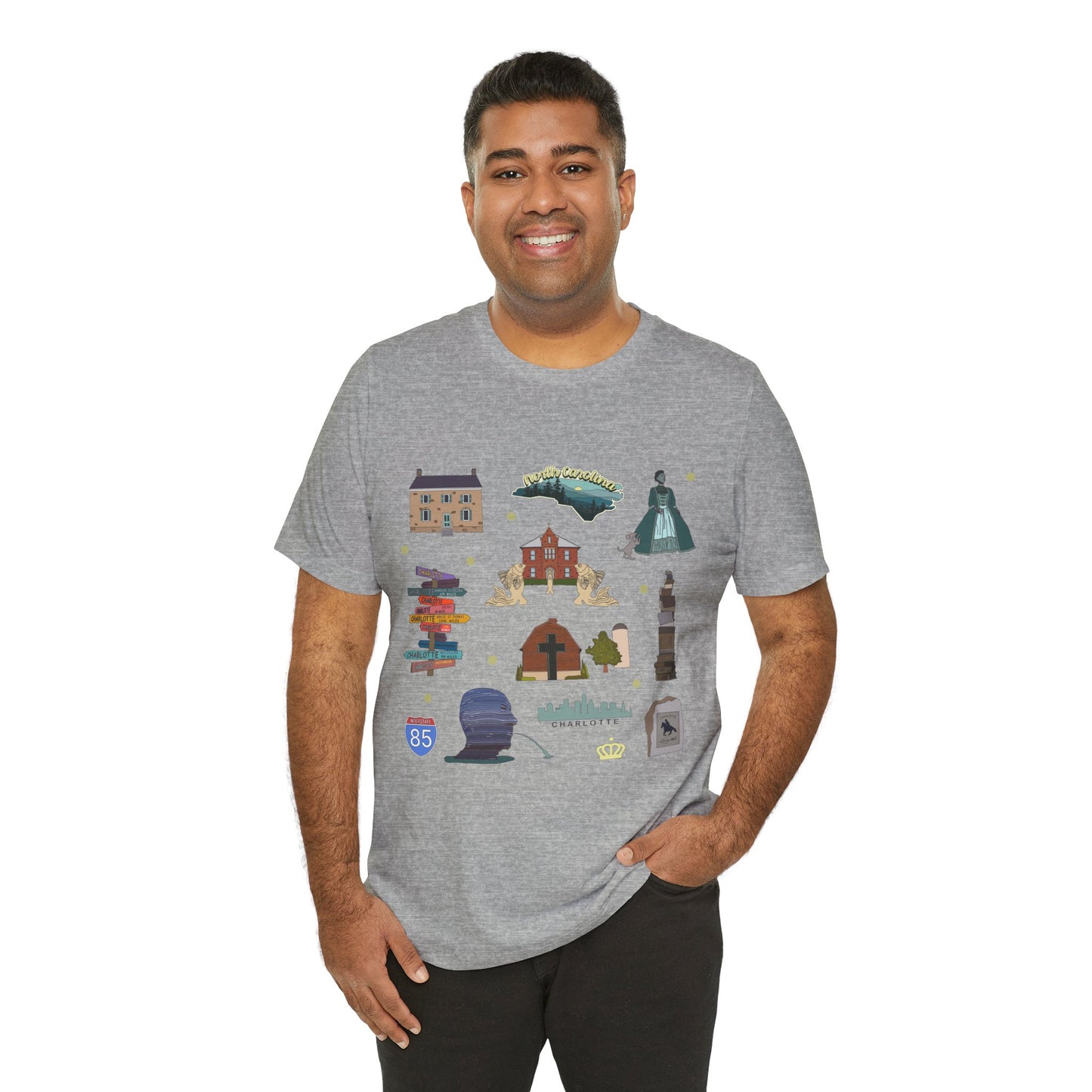 Unisex Jersey Short Sleeve Tee with Charlotte, North Carolina NC landmarks print