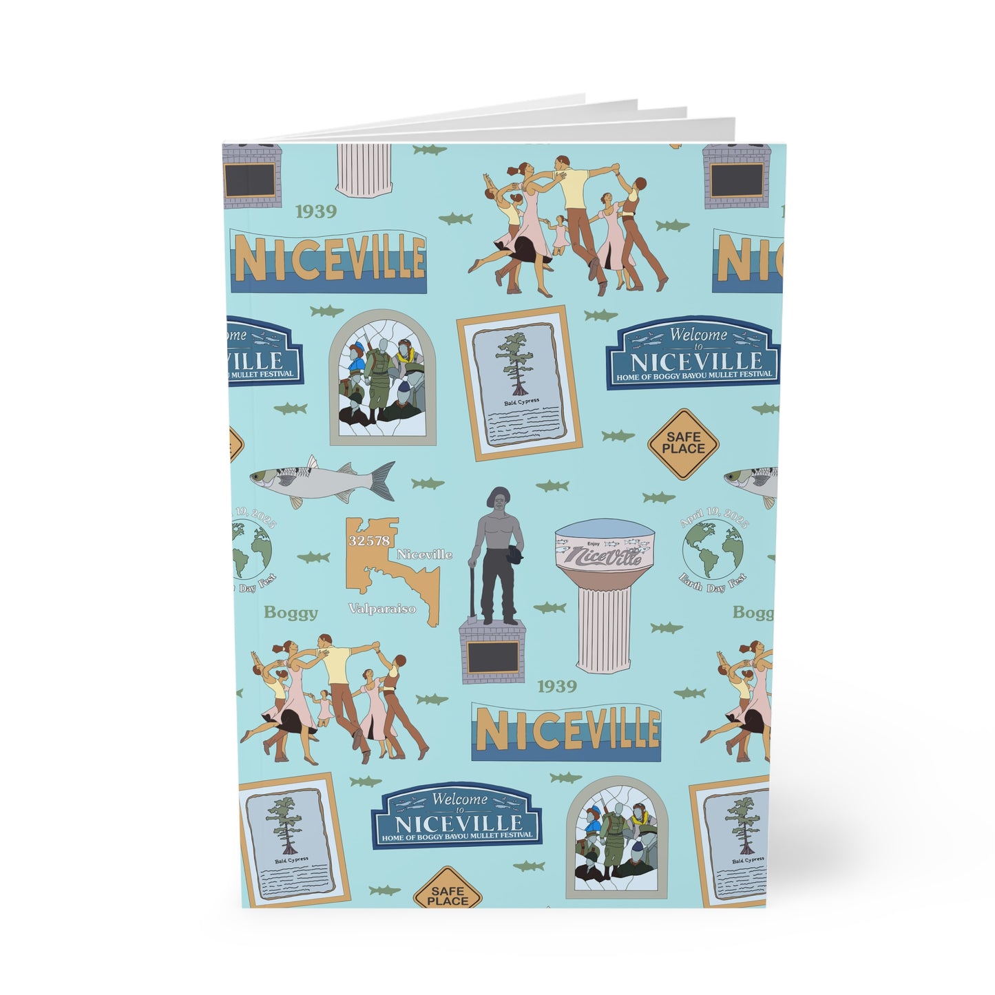 Paperback notebook with Niceville, Florida FL landmarks in baby blue 150 lined pages