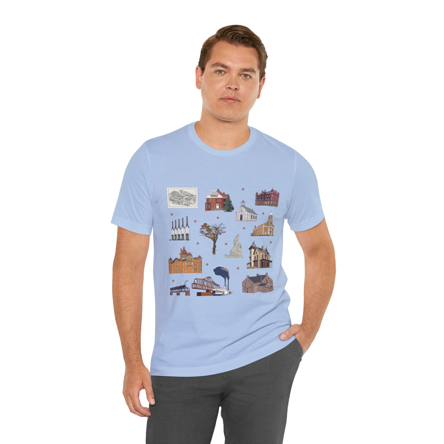 Unisex Jersey Short Sleeve Tee with South St. Paul, Mendota, Hastings, Hampton, Inver Grove Heights near the Minneapolis Minnesota MN landmarks print