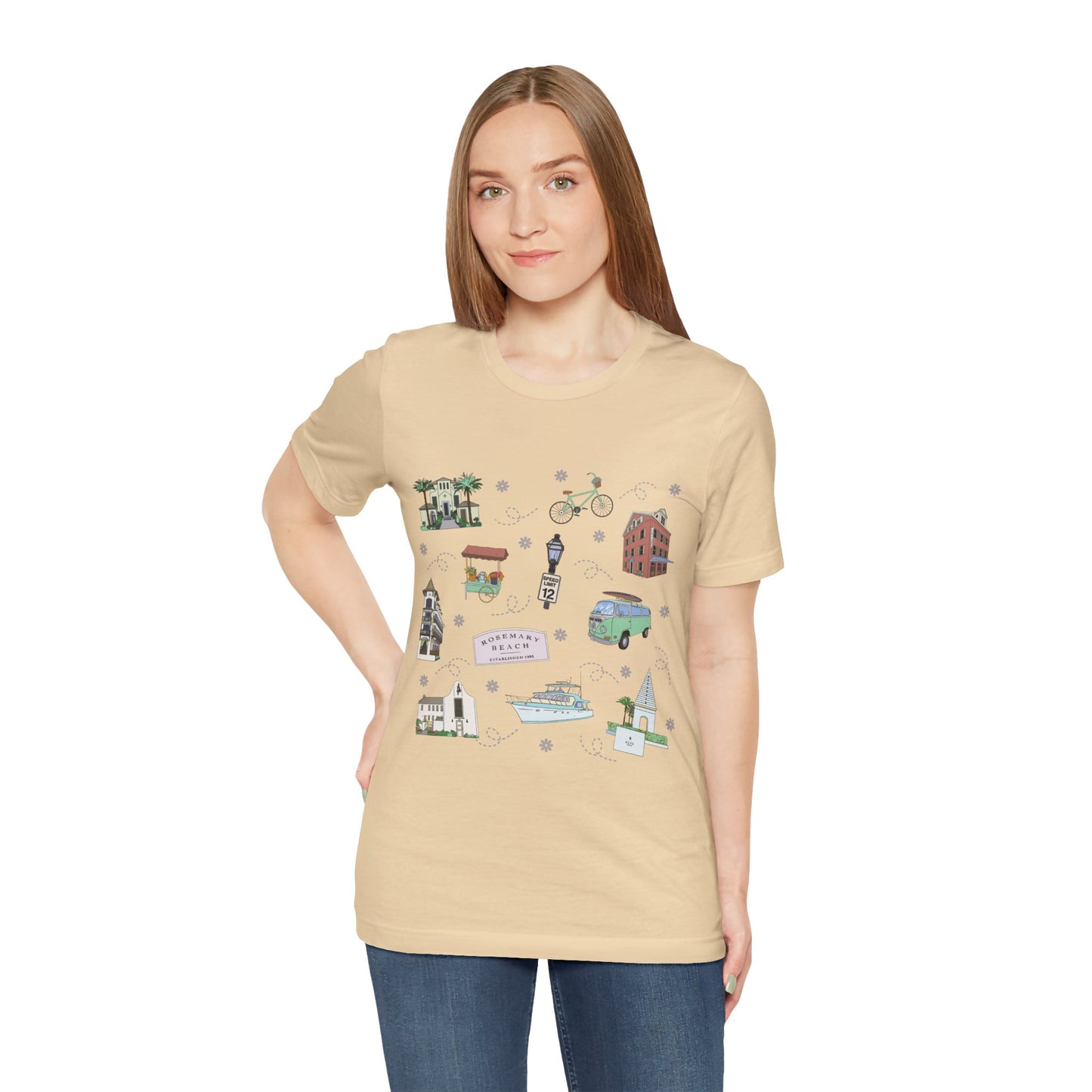 Unisex Jersey Short Sleeve Tee with Rosemary & Alys Beaches of 30A Florida FL landmarks print