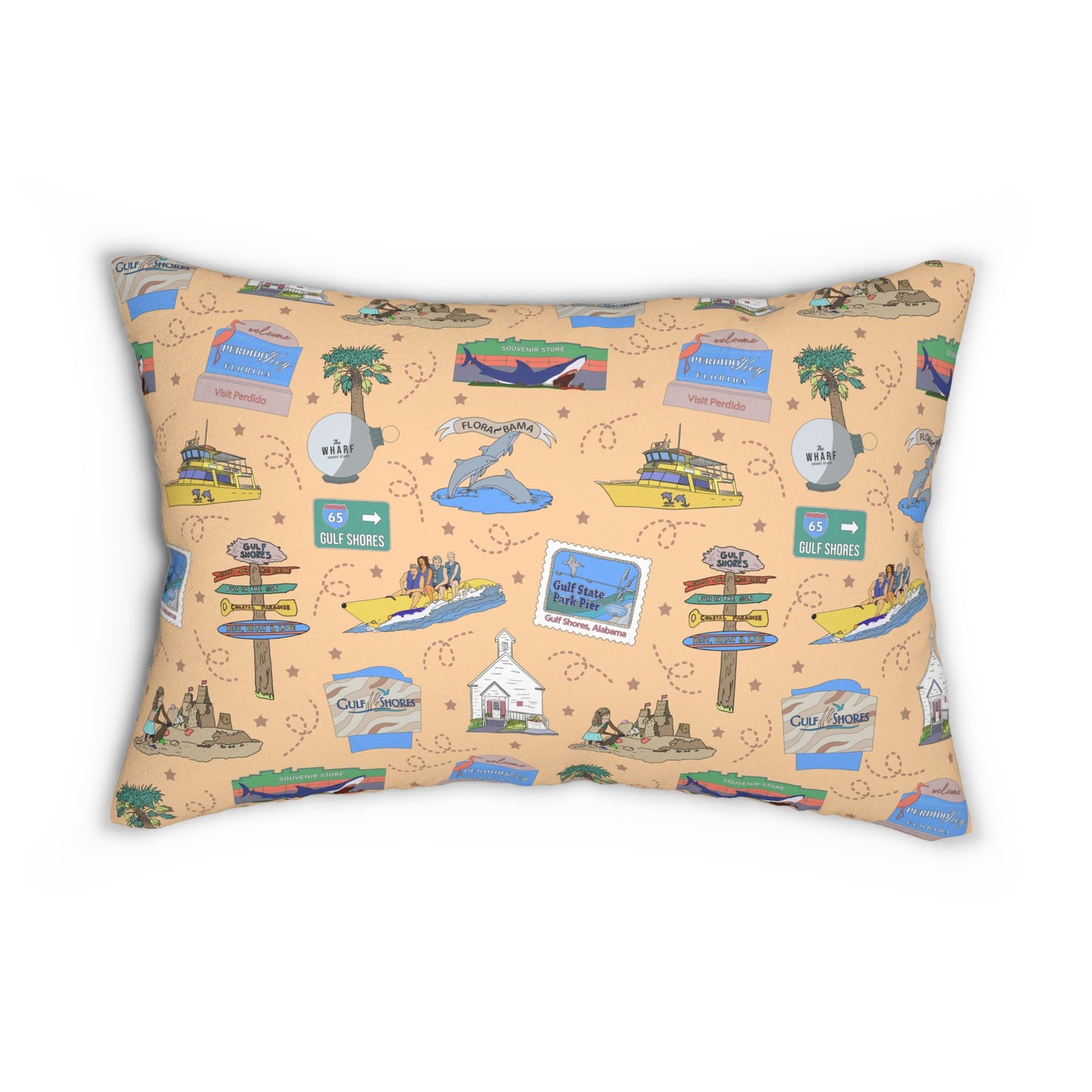 Lumbar rectangle pillow with Gulf Shores, Orange Beach of Alabama AL & Perdido Key of Florida FL in peach