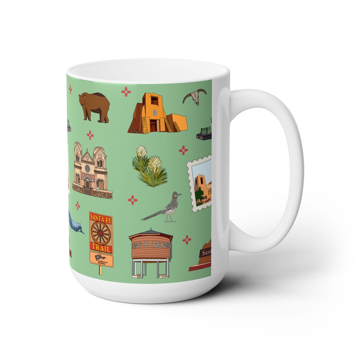 Ceramic Mug 15oz with Santa Fe, New Mexico NM in green tea