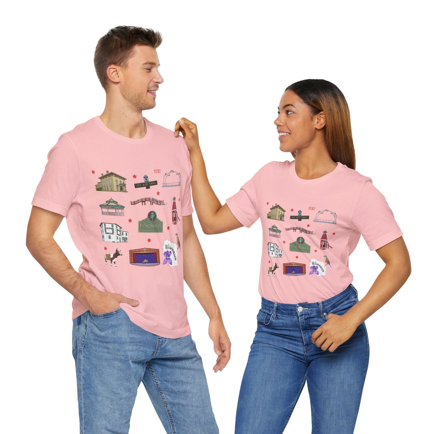 Unisex Jersey Short Sleeve Tee with Janesville, Wisconsin WI landmarks print