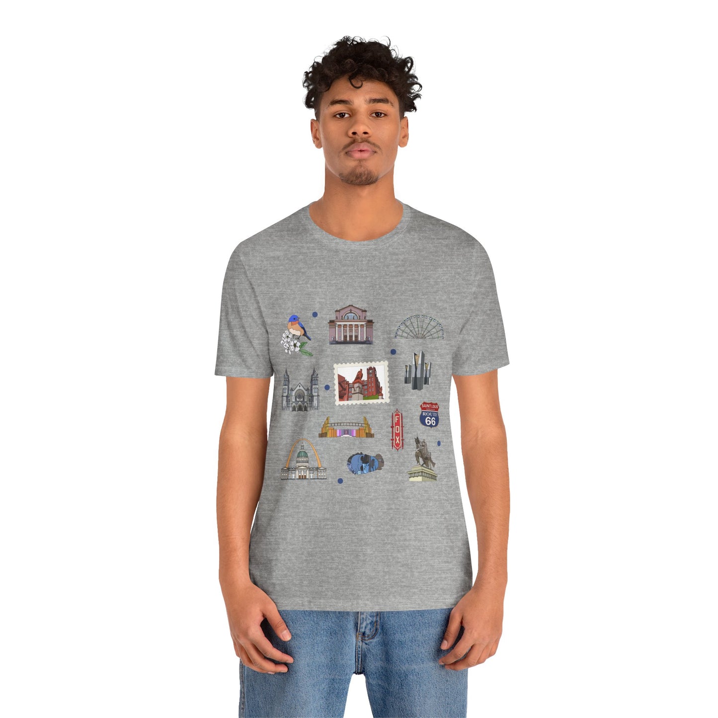 Unisex Jersey Short Sleeve Tee with St. Louis, Missouri MO landmarks print