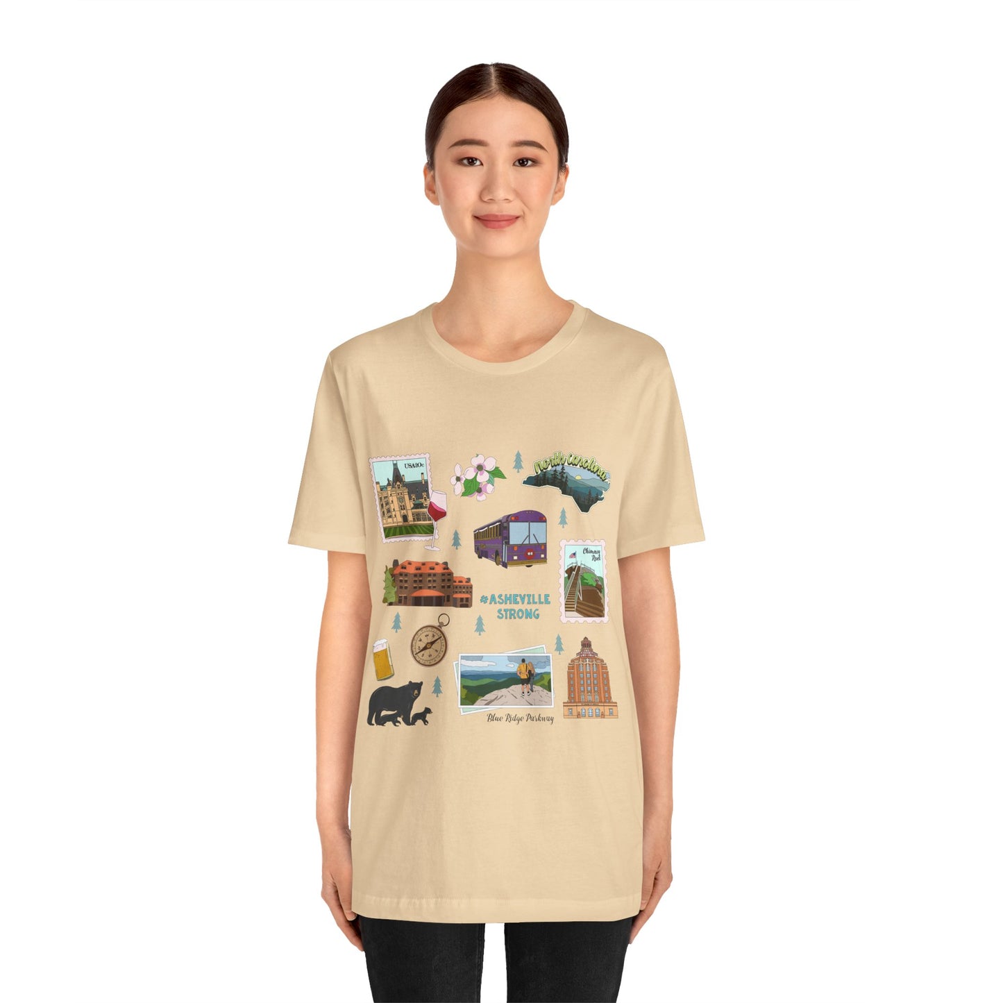 Unisex Jersey Short Sleeve Tee with Asheville, North Carolina NC landmarks print