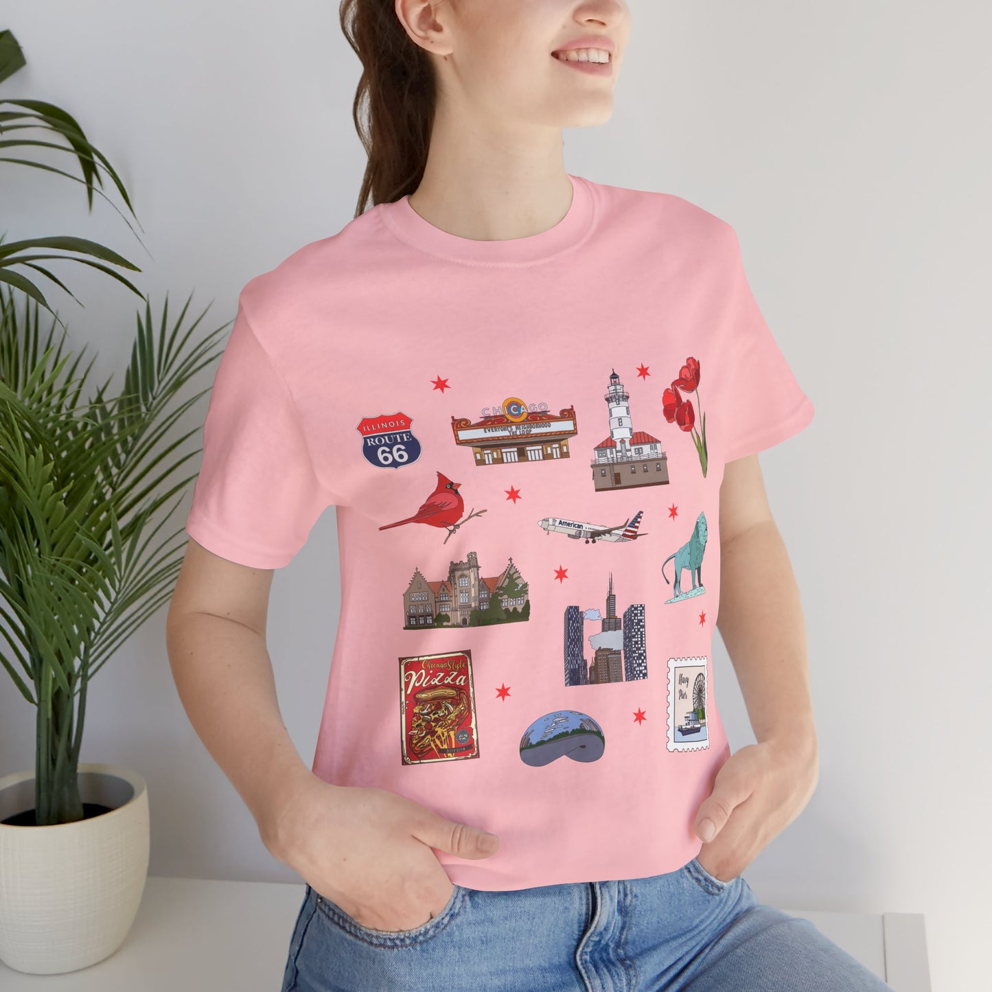 Unisex Jersey Short Sleeve Tee with Chicago, Illinois IL landmarks print