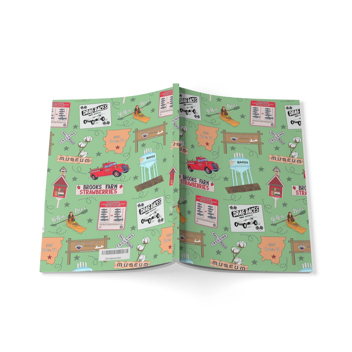 Paperback notebook with Baker, Florida FL landmarks in sage 150 lined pages