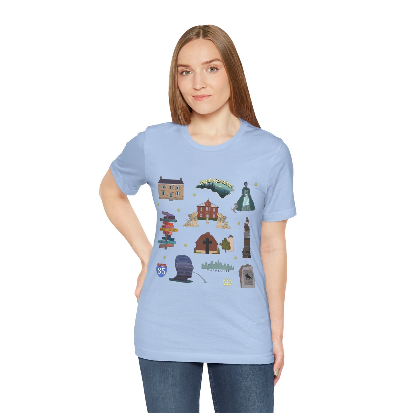 Unisex Jersey Short Sleeve Tee with Charlotte, North Carolina NC landmarks print