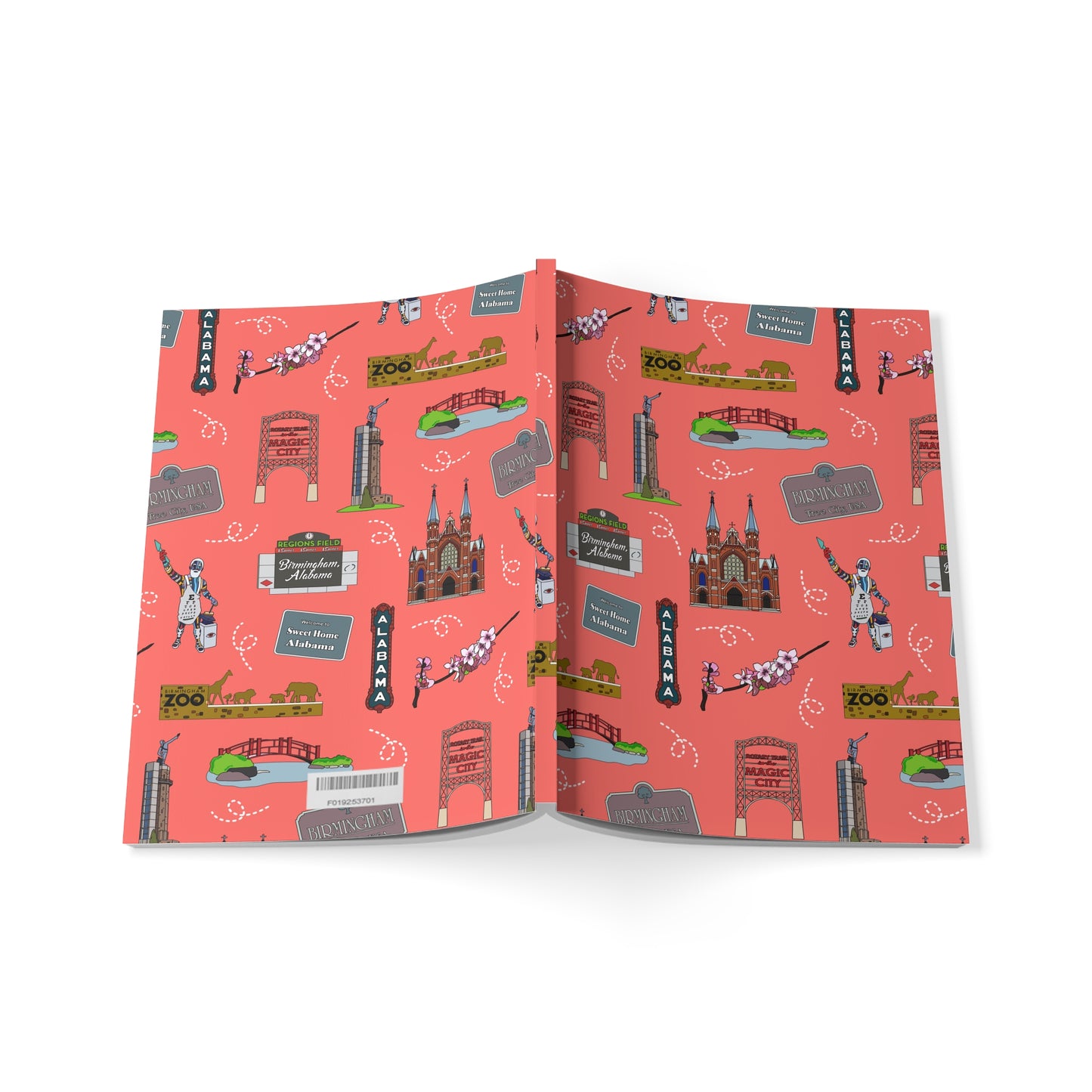 Paperback notebook with Birmingham, AL landmarks in salmon 150 lined pages