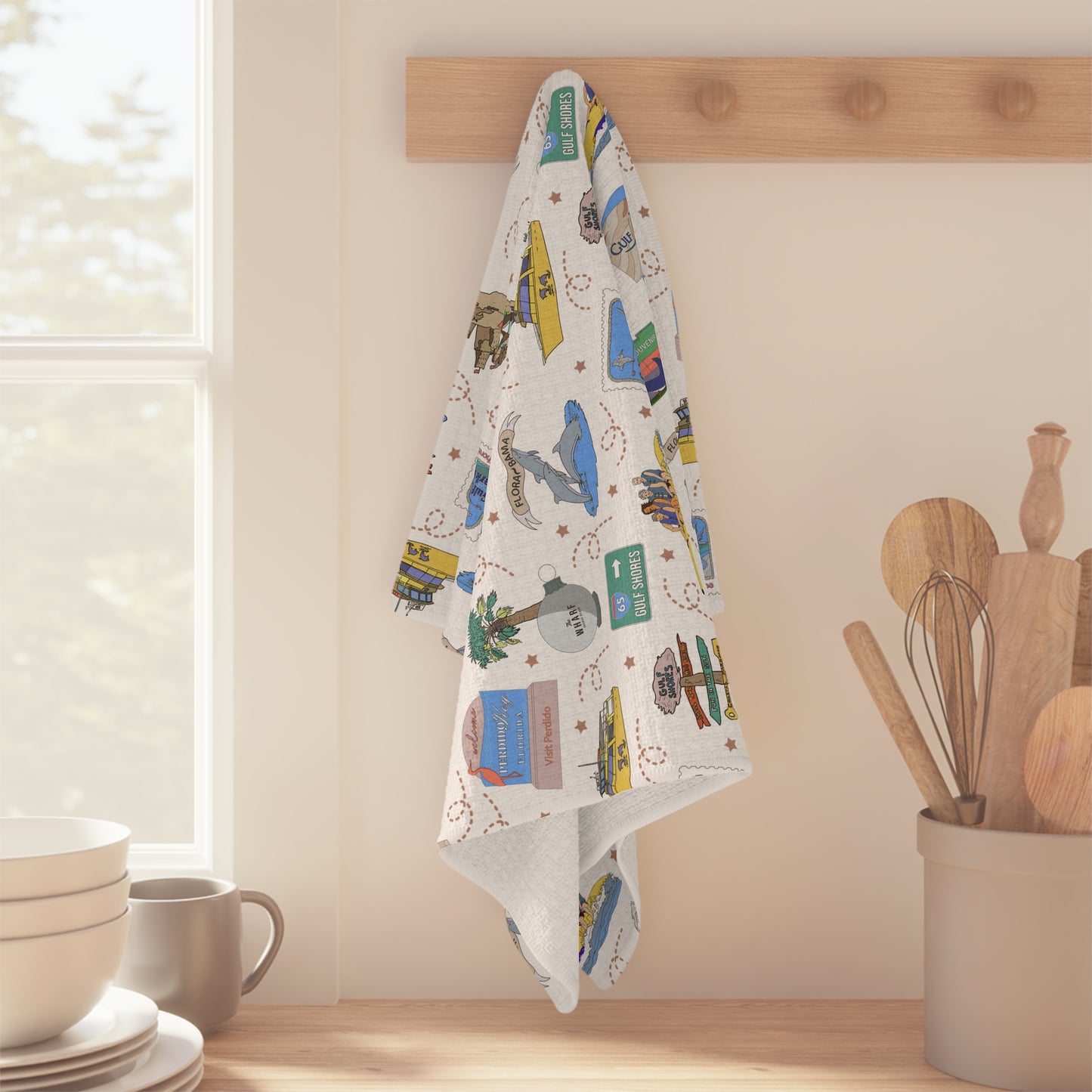 Kitchen Towel with Gulf Shores, Orange Beach of Alabama AL & Perdido Key of Florida FL in white