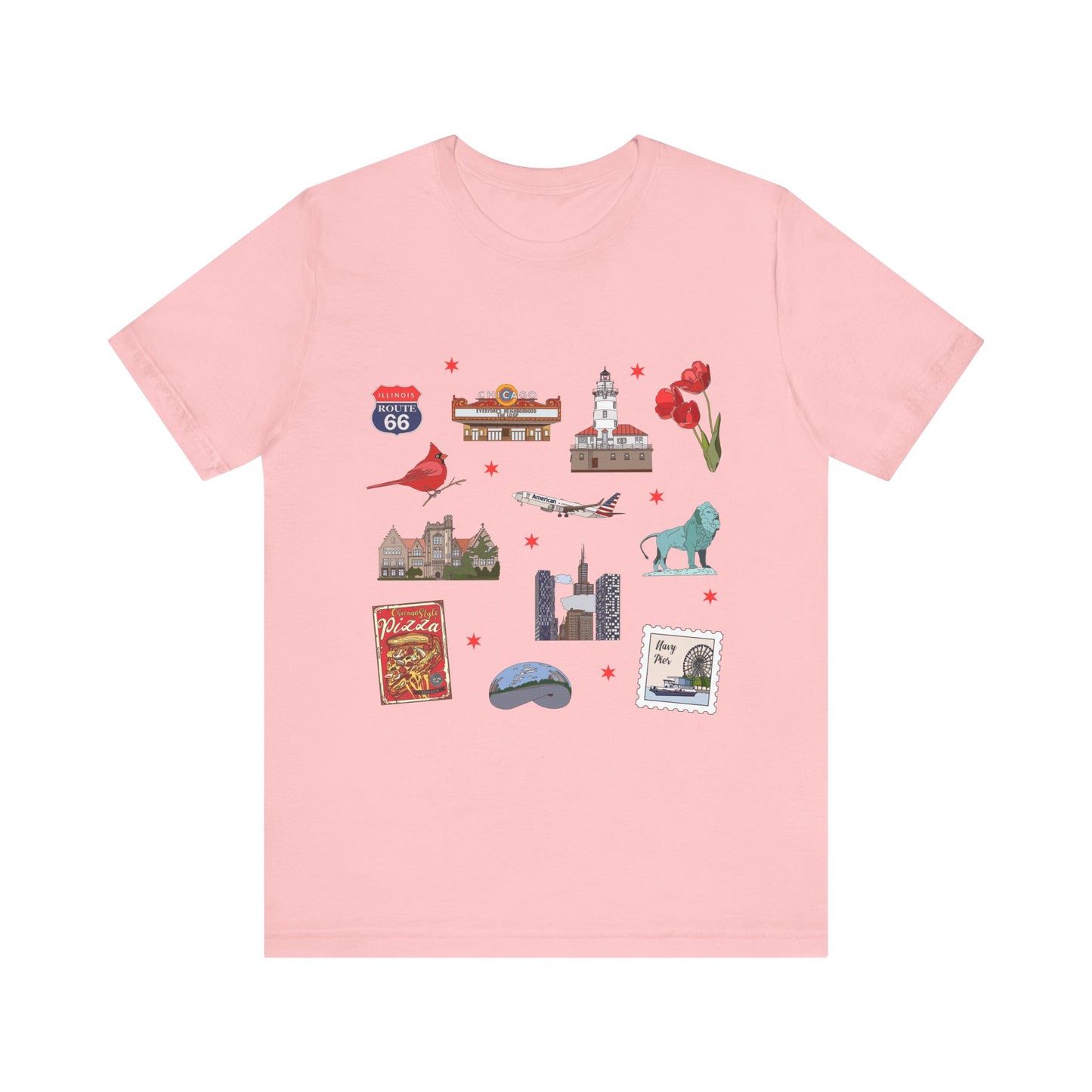Unisex Jersey Short Sleeve Tee with Chicago, Illinois IL landmarks print