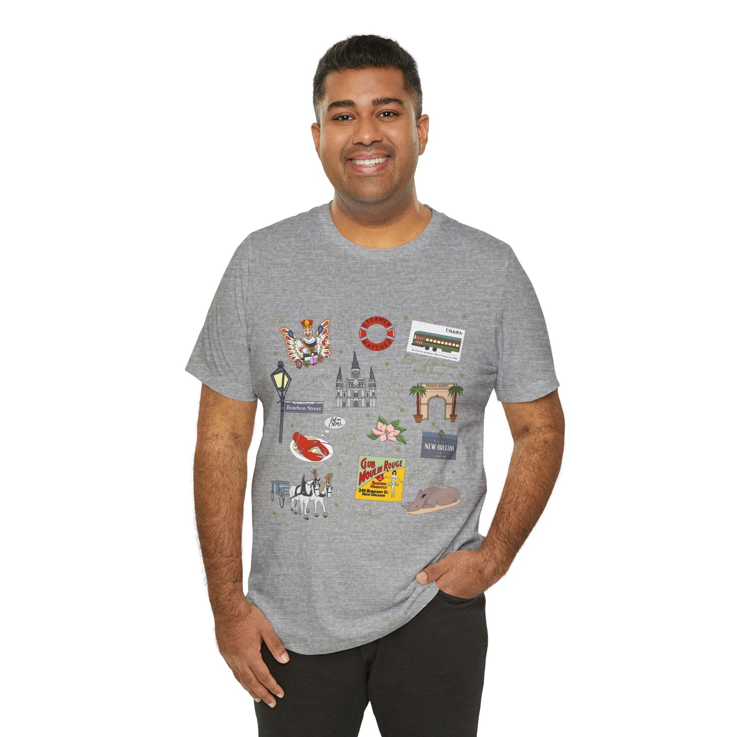 Unisex Jersey Short Sleeve Tee with New Orleans, Louisiana LA landmarks print