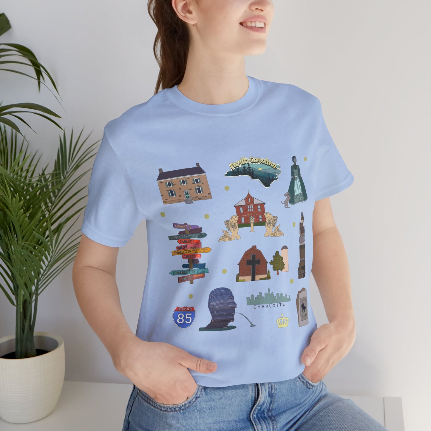Unisex Jersey Short Sleeve Tee with Charlotte, North Carolina NC landmarks print