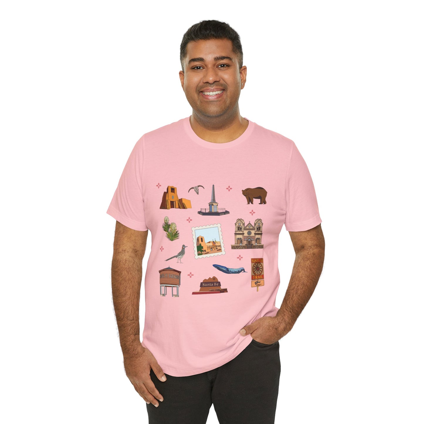 Unisex Jersey Short Sleeve Tee with Santa Fe, New Mexico NM landmarks print